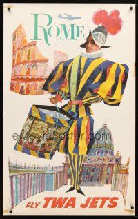 4j261 FLY TWA JETS ROME travel poster '60s David Klein art of colorful soldier!