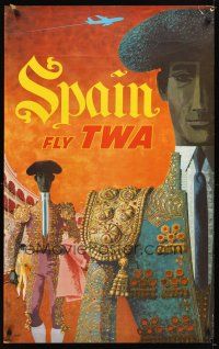 4j262 FLY TWA SPAIN travel poster '60s David Klein art of matadors in ring!