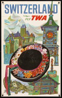4j265 FLY TWA SWITZERLAND travel poster 1960s wonderful art of hat & buildings!