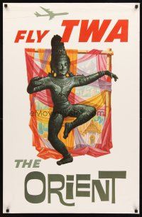 4j266 FLY TWA THE ORIENT travel poster '60s cool Asian statue artwork by David Klein!