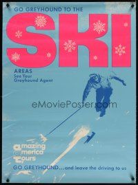 4j355 GO GREYHOUND TO THE SKI AREAS travel poster '70s art of skier, take the bus!