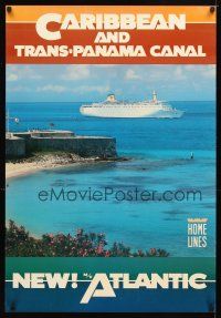4j358 HOME LINES: NEW ATLANTIC travel poster 80s cool image of cruise ship!