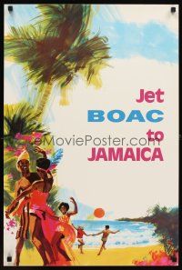 4j420 JET BOAC TO JAMAICA English travel poster '60s art of tourists & natives on beach!