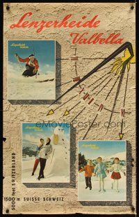 4j428 LENZERHEIDE VALBELLA Swiss travel poster '60s cool images of skiers & vacationers!