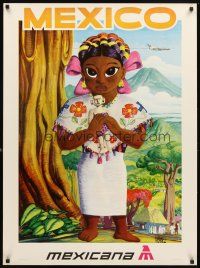 4j423 MEXICANA MEXICO Mexican travel poster '80s wonderful different art of girl by Ramon Valdiosera!