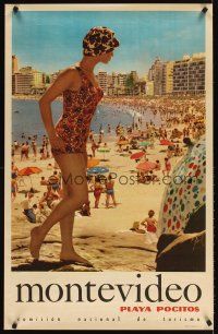 4j449 MONTEVIDEO Uruguayan travel poster '60s sexy woman & sunbathers at Playa Pocitos beach!