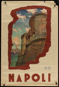 4j395 NAPOLI Italian travel poster '30s cool art of castle, volcano & boats on water!