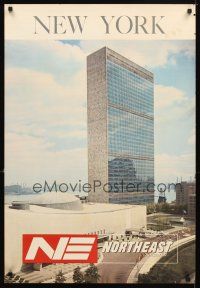4j361 NORTHEAST AIRLINES NEW YORK travel poster '50s cool image of United Nations building!