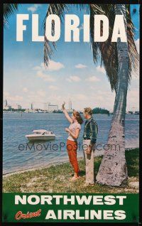 4j323 NORTHWEST ORIENT AIRLINES FLORIDA travel poster '60s cool image of couple waving!