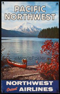 4j325 NORTHWEST ORIENT AIRLINES PACIFIC NORTHWEST travel poster '60s cool image of mountain man!