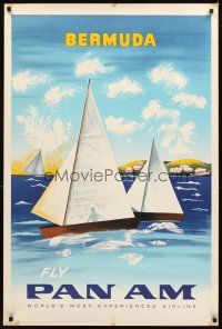 4j294 PAN AM BERMUDA travel poster '50s really cool artwork of sailboats at sea!