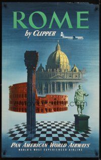 4j301 PAN AMERICAN WORLD AIRWAYS ROME travel poster '51 cool art of Roman sights & Clipper!
