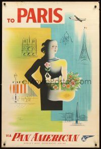 4j299 PAN AMERICAN PARIS travel poster '54 Jean Carlu art of woman w/ flower & city attractions!