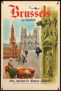 4j300 PAN AMERICAN WORLD AIRWAYS BRUSSELS travel poster '51 cool art of churches & statues!