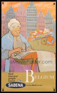 4j446 SABENA BELGIUM travel poster '50s wonderful artwork of women sewing & selling flowers!