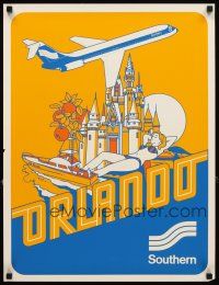 4j367 SOUTHERN ORLANDO travel poster '70s art of jet passing over Disney World & sunbather!