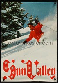 4j369 SUN VALLEY travel poster '70s Idaho, great image of skier in deep powder!