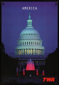 4j267 TWA AMERICA travel poster '90s cool image of Capitol Building in Washington!