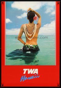 4j269 TWA HAWAII travel poster '86 cool image of sexy topless native in ocean!