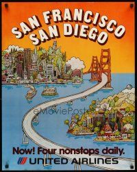4j274 UNITED AIRLINES SAN FRANCISCO/SAN DIEGO travel poster '80s Southern California!