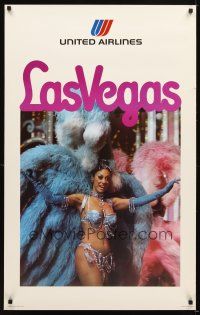 4j277 UNITED AIRLINES LAS VEGAS travel poster '75 cool image of sexy showgirl in costume!
