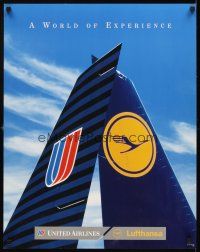 4j279 UNITED AIRLINES LUFTHANSA travel poster '94 art of tail fins of aircraft from both airlines!