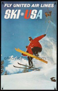 4j283 UNITED AIRLINES SKI USA travel poster '60s wonderful image of skiers in mid-jump!