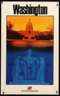 4j285 UNITED AIRLINES WASHINGTON travel poster '90s image of Lincoln Memorial & Capital!