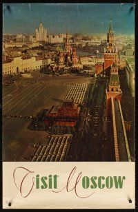 4j447 VISIT MOSCOW Russian travel poster '60s cool image of Red Square overlooking Lenin's Tomb!