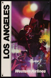 4j339 WESTERN AIRLINES LOS ANGELES travel poster '80s cool Peak art of stars & film crew!