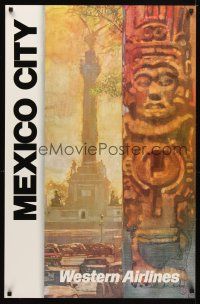 4j340 WESTERN AIRLINES MEXICO CITY travel poster '80s art of Aztec figurine!