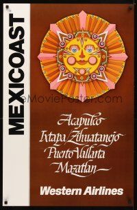 4j341 WESTERN AIRLINES MEXICOAST travel poster '80s cool art of Aztec face & destinations!