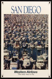 4j342 WESTERN AIRLINES SAN DIEGO travel poster '80s cool image of boats in harbor!