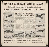 4j246 UNITED AIRCRAFT SCORES AGAIN 19x20 WWII war poster '42 12 best aircraft in the world!