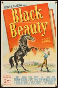 4m084 BLACK BEAUTY 1sh '46 Mona Freman tries to tame wild stallion, stone litho artwork!