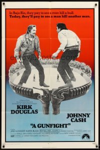 4m357 GUNFIGHT 1sh '71 people pay to see Kirk Douglas and Johnny Cash try to kill each other!