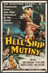 4m376 HELL SHIP MUTINY 1sh '57 Jon Hall kisses tropical bikini babe, John Carradine, Peter Lorre