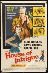 4m394 HOUSE OF INTRIGUE 1sh '59 cool artwork of spies Curt Jurgens & Dawn Addams!