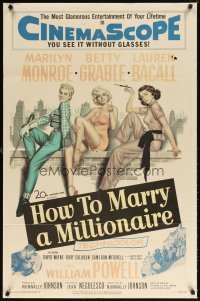 4m397 HOW TO MARRY A MILLIONAIRE 1sh '53 sexy Marilyn Monroe, Betty Grable & Lauren Bacall!