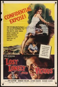 4m484 LOST, LONELY & VICIOUS 1sh '58 art of sexy barely-dressed bad girl leaning on bed!