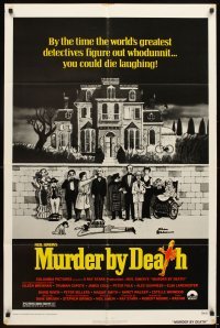 4m578 MURDER BY DEATH 1sh '76 great Charles Addams artwork of cast by dead body & spooky house!