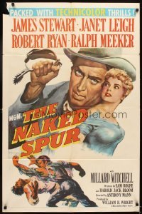 4m589 NAKED SPUR 1sh '53 art of strong man James Stewart & sexy Janet Leigh!