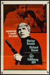 4m604 NIGHT OF THE FOLLOWING DAY 1sh '69 Marlon Brando, Richard Boone, it assaults your senses!