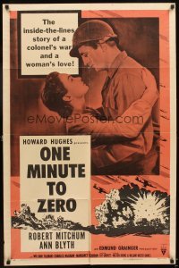 4m641 ONE MINUTE TO ZERO style A 1sh R56 romantic c/u of Robert Mitchum & Ann Blyth, Howard Hughes