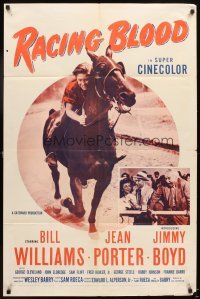 4m719 RACING BLOOD 1sh '54 huge image of jockey Jimmy Boyd riding horse at race!
