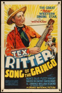 4m825 SONG OF THE GRINGO 1sh '36 wonderful stone litho of Tex Ritter playing guitar!
