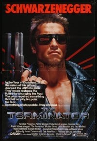 4m892 TERMINATOR 1sh '84 super close up of most classic cyborg Arnold Schwarzenegger with gun!