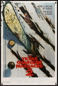 4m894 TEXAS CHAINSAW MASSACRE PART 2 door style 1sh '86 Tobe Hooper horror sequel, cool Huston art!