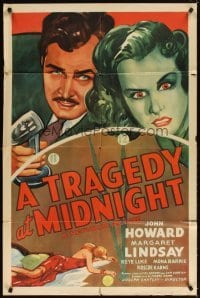 4m926 TRAGEDY AT MIDNIGHT 1sh '42 great dramatic art of John Howard & Margaret Lindsay!