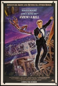 4m945 VIEW TO A KILL advance 1sh '85 art of Moore as Bond & Grace Jones in parachute by Gouzee!